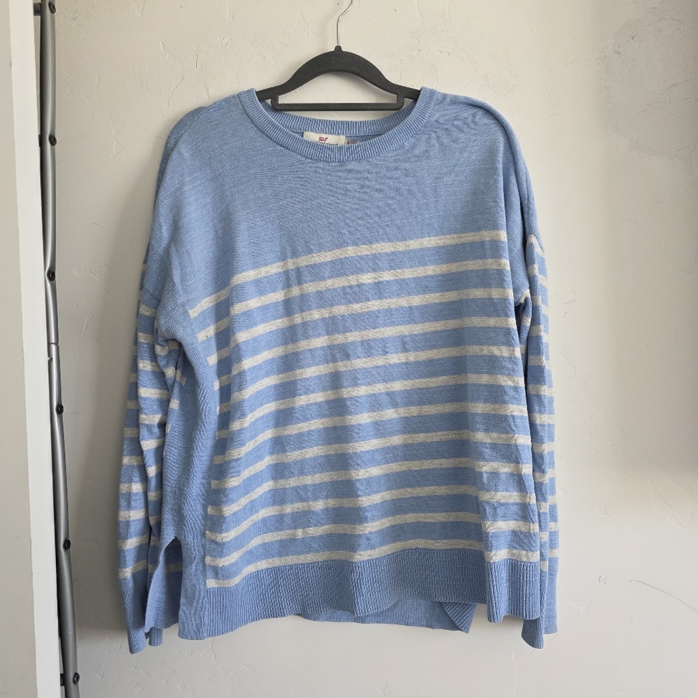 Vineyard Vines 100% Cotton Women Sweater Stripe Blue Gray Drop Shoulder Size L